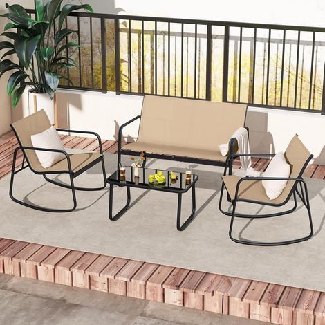 Goplus – Salon de jardin 4 personnes – Ensemble 4 pièces avec canapé 2 places et 2 fauteuils à bascule – Table basse en verre – Pour balcon et porche (1/5)