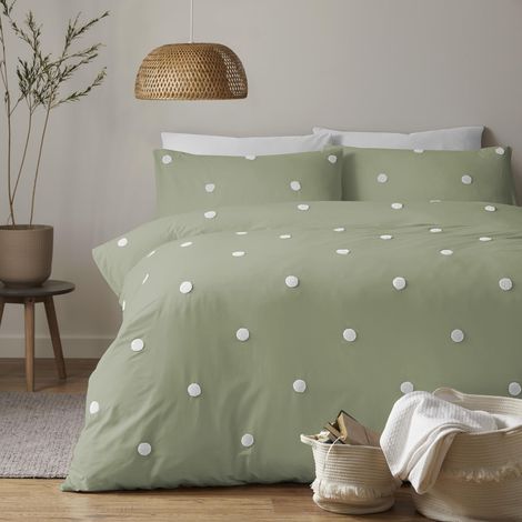 Parure de lit Super King Size 230 x 220 cm 100% Coton Doux 2 taies d'oreiller Housse de Couette Vert Sauge à Pois Blancs Literie Verte (1/3)