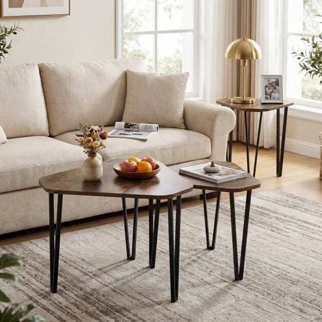 Irregular Hexagonal Sofa Side Table Set with Thick Tabletop and Metal Frame-Rustic Brown (1/5)