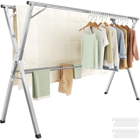 Étendoir à Linge Pliable, Séchoir à Linge sur Pied, Robuste, en Acier Inoxydable, pour Intérieur et Extérieur, Gris Tourterelle, Extensible de 133 à 200 cm LLR902E01 (1/5)