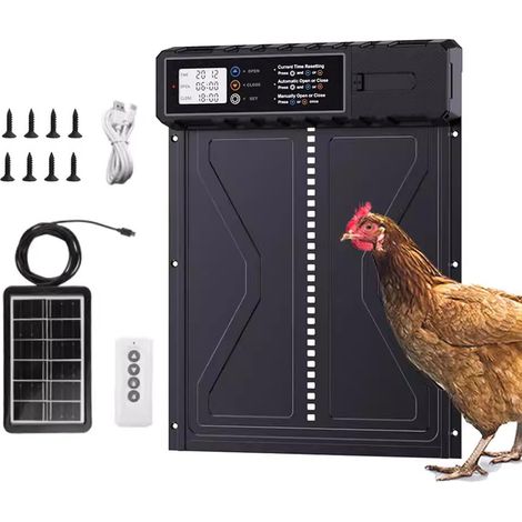 Porte automatique de poulailler à énergie solaire, porte automatique en alliage d'aluminium avec minuterie et capteur de lumière, écran LCD, porte de poulailler solaire anti-pincement et résistante au (1/5)