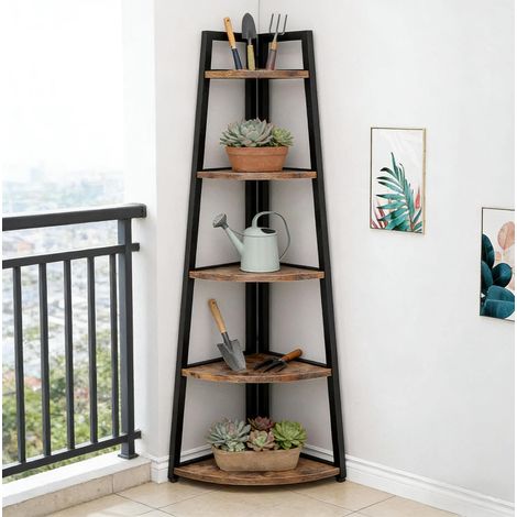 Étagère d’angle 66x25x178 cm en métal et bois noir, gain de place pour salon FLORAGRACE (1/5)
