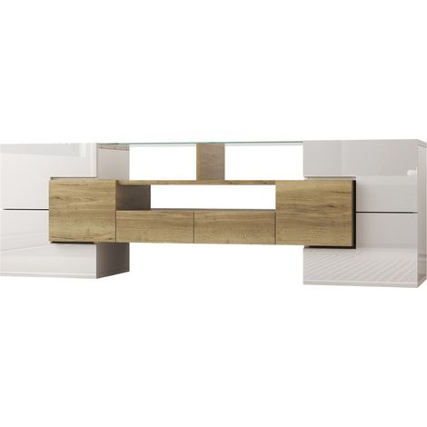 Mueble TV bajo 145 cm en blanco brillo y acabado madera con superficie de cristal y LED, HOMVRA (1/5)