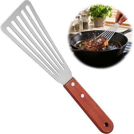 Spatola in acciaio inox con fessure - Utensile da cucina con manico in legno per girare pesce, carne, uova, pancake, lama da 16 cm e lunga 28 cm - Design smussato per (1/5)