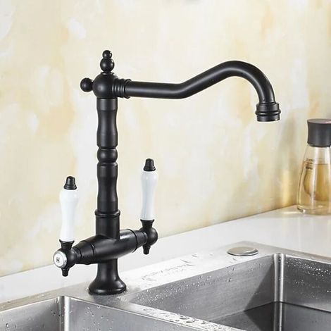 Robinet de cuisine pivotant à 360 degrés, mitigeur de salle de bain en laiton doré/noir, eau chaude et froide, trou unique avec aérateur, robinet de cuisine à double poignée, doré, noir (1/4)