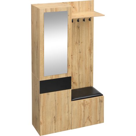 URBAN MEUBLE Vestiaire à l'entrée effet bois 3 portes 1 tiroir avec miroir, banc et meuble à chaussures, porte-manteau mural 98.5x38x191cm (1/5)