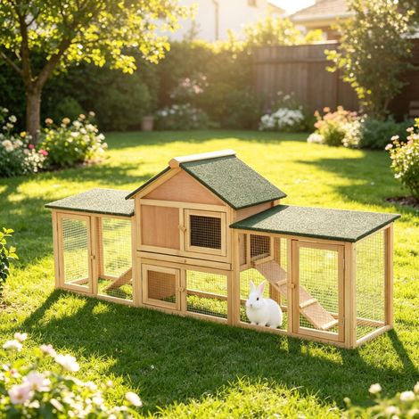 Großer Außenkaninchenstall aus Holz mit grünem Dach und Rampe OKWISH (1/5)