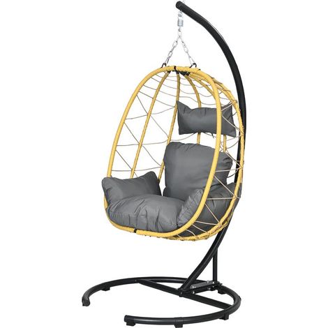 POLTRONA SOSPESA E PIEGHEVOLE CON CUSCINI. IN ACCIAIO E RATTAN PE. 102X102X195 CM. NERA GRIGIA E BEIGE (1/5)