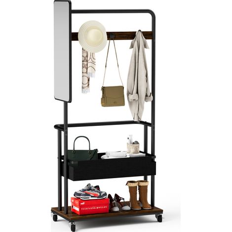 CHICFURN Appendiabiti su ruote 70x40x170 cm in metallo nero e marrone, specchio (1/5)