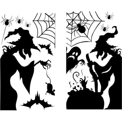 pieza de decoración de pared - Arte de pared - Adhesivo de pared autoadhesivo - Pegatinas de vidrio, El mago y la telaraña, Halloween 39 x 31,7 cm (1/5)