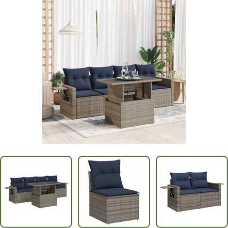 Gartentisch - 5tlg. Garten-Sofagarnitur mit Kissen Grau Poly Rattan (1/5)