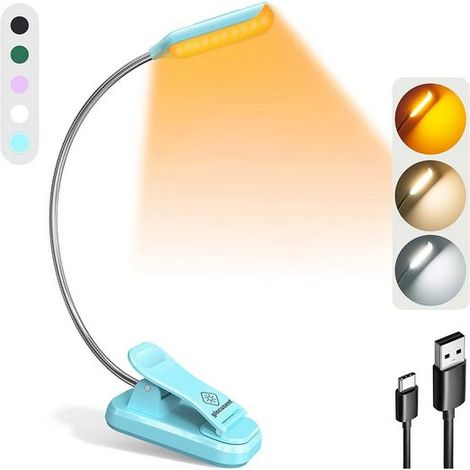 Lampe de Lecture, Lampe à pince, Lampe Chevet, Mini lampe de lecture livre, 3 couleurs et 3 niveaux de luminosité, Lumière de livre légère, Bleu, KINSI (1/4)