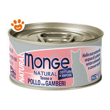 Monge Gatto, Tonno Naturale 80gr - Tonno Pollo con Gamberetti
