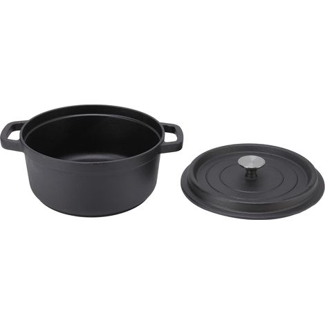 Cazuela de hierro fundido de 24 cm con doble asa, fondo plano, sin revestimiento, ideal para sopas y guisos. (1/5)