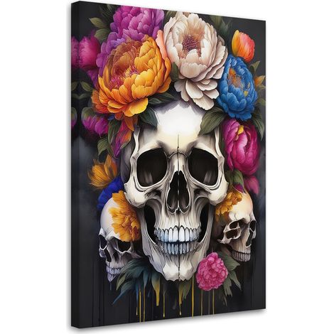 Quadro su tela, Teschio Peonie Fiori colorati - 40x60 (1/3)