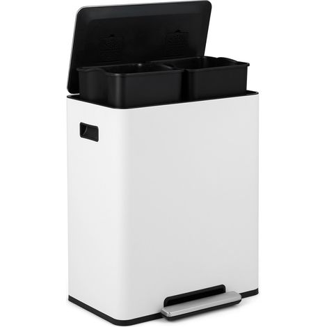 Poubelle de tri blanche en acier inoxydable 60 L avec 2 bacs amovibles et pédale, couvercle silencieux pour cuisine et salon (1/5)