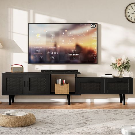 Mobile TV Porta TV Nero per Soggiorno fino a 75 Pollici, Design Intrecciato, con 2 Ante e 2 Cassetti, in Truciolato, 146-180 cm