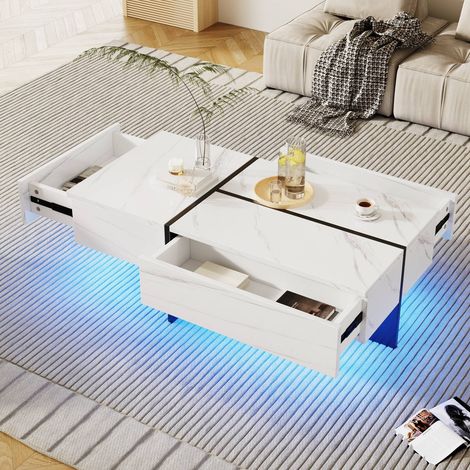 Table basse 100x50 cm en imitation marbre blanc avec plateau noir, led contrôlable par application, style moderne (1/5)