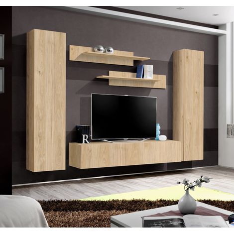 Ensemble meuble TV mural Fly A1 - Bois MDF chêne Hickory Jackson - 240 x 170 x 40 cm - Livraison gratuite