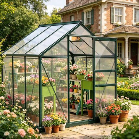 Serre de jardin 190x192x201 cm en alu et polycarbonate, vert foncé, stable pour jardin – MEUBLIV (1/5)