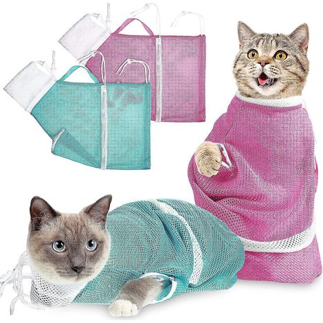 lot De 2 Sacs De Bain Pour Chat (rose Et Vert), Sac De Bain Pour Chat En Maille Rsistant Aux Morsures Et Aux Ruptions Cutanes, Sac De Bain Ajustab (1/5)