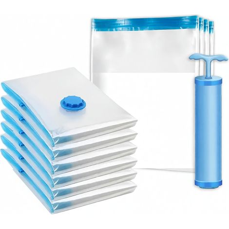 Ce kit contient 10 sacs de rangement sous vide de 50 x 70 cm + une pompe manuelle - résistants, compacts, réutilisables, anti-perforation, idéaux pour organiser vêtements, voyages et valises. (1/5)