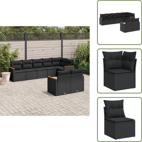 8-tlg. Garten-Sofagarnitur mit Kissen Schwarz Poly Rattan - Gartensorgaunität - Outdoor Möblierung - Gartenmöbelset - Rattan Gartenmöbel - Polyethylen Gartenmöbel (1/5)