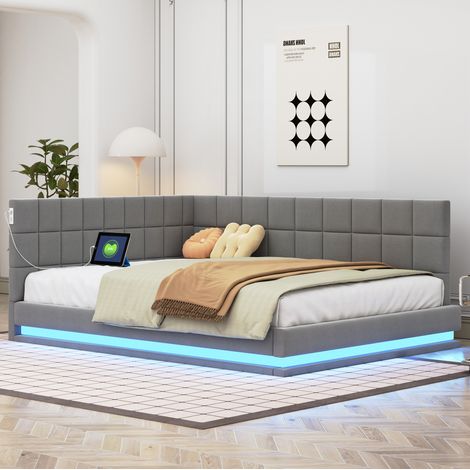 lit double adulte LED USB sommier lattes 140x200 gris OKMYHOME (1/5)