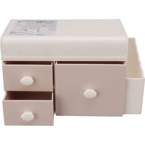 Boîte de rangement de bureau à 3 tiroirs avec support latéral, contenant en plastique rose pour cosmétiques, bijoux et autres petits objets.