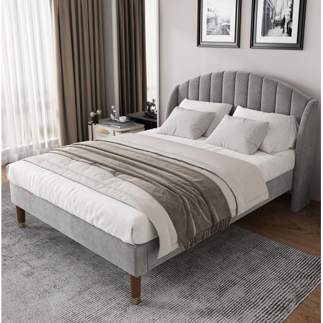 Polsterbett Samt Grau 140x200 cm mit Lattenrost und gepolstertem Kopfteil (1/5)