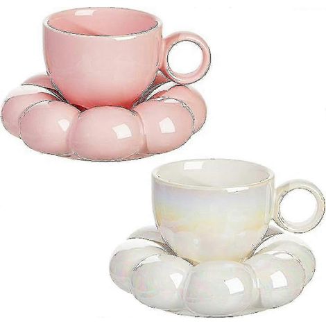 Ensemble de 2 tasses en céramique motif nuage, avec sous-verre tournesol, 20 cl, idéal pour le bureau ou la maison. (1/5)