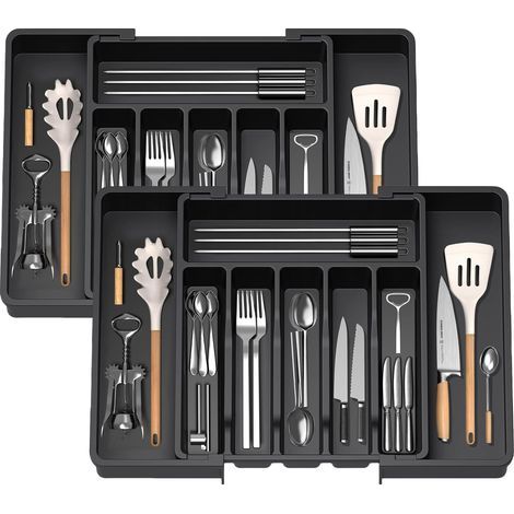Expandable Utensil Tray for Drawer, Cutlery Organizer, Drawer Organizer for Kitchen, Plastic Storage Holder for Cutlery, Spoons, Forks, Etc, Black, 2 Pieces (1/5)