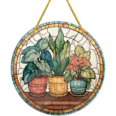 Décorations de fenêtre incassables en acrylique, plantes pot au style rétro, verres colorés (1/5)