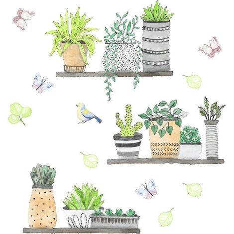 Sticker mural plante tropicale en pot pour salon, cuisine, chambre d'enfant, chambre à coucher, décoration murale à faire soi-même (1/5)
