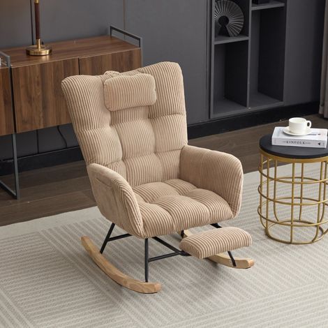 Fauteuil à bascule relax - 102x65x92 cm - Avec repose-pieds invisible coussin cervical velours côtelé - Marron (1/5)
