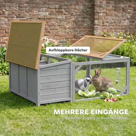 Cage à lapin en bois avec toit bitumé ouvrant, enclos extérieur, portes, 125,5x100x49 cm gris (1/4)