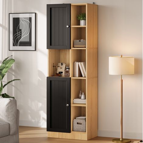 Armario esquinero de cocina alto con 6 estantes abiertos, 2 puertas y baldas ajustables, negro y madera clara, 50×35,5×170 cm – CHICFURN para cocina y comedor (1/5)