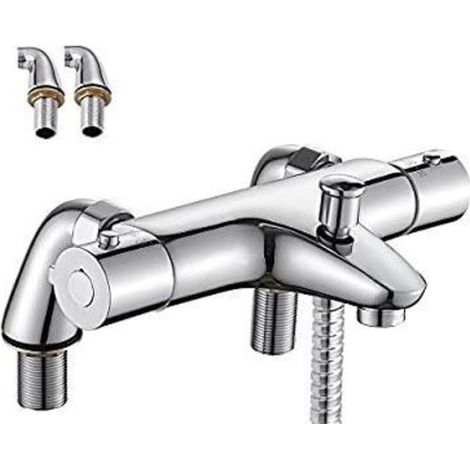 Mitigeur de baignoire Mitigeur Thermostatique Baignoire, Robinet Thermostatique Bain Douche avec Bouton de Sécurisé à 38°C, Robinets de douche Thermostatique pour Baignoire, Laiton, Anti-brûlure (1/5)