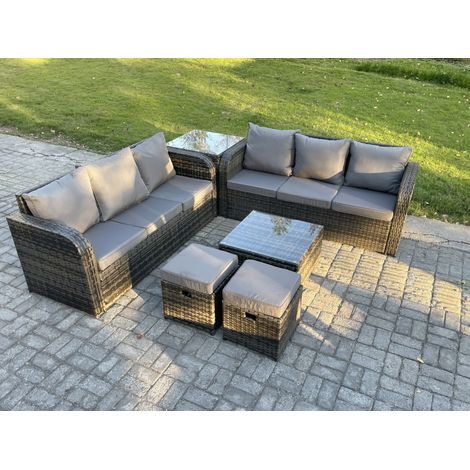 Fimous Rattan-Gartenmöbel 8-Sitzer Set Patio Tisch Sofa Stuhl Set mit Graue Kissen Beistelltisch 2 kleine Fußhockern (1/5)