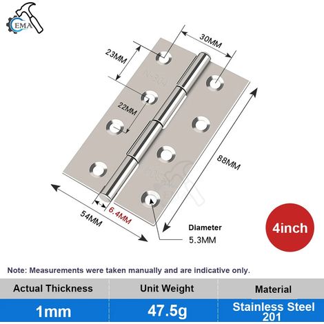 (5 pièces, 10 cm) Charnière plate antirouille en acier inoxydable de qualité supérieure pour portes, placards, meubles et boîtes en bois (1/5)