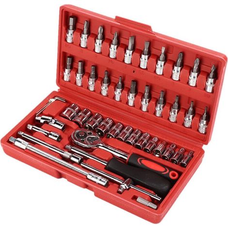 SJLERST Jeu de clés à cliquet,Kit de clés à douille 46 pièces/ensemble, cliquet d'entraînement 1/4 pouces, outil de réparation de voiture de Garage métrique (1/5)
