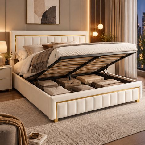 Lit coffre 140x200 cm avec sommier, lit double rembourrée en velours beige avec rangement hydraulique, tête de lit avec finition dorée, design chic pour chambre
