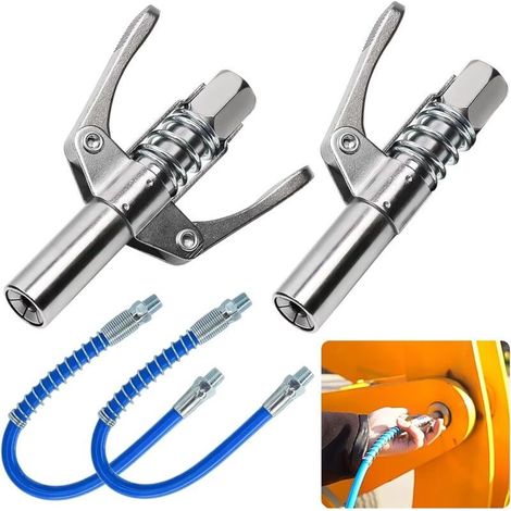 2 Pièces Coupleur Pompe a Graisse, Coupleur Embout Pompe à Graisse avec Tuyau de 30cm, Convient à Tous Les Types de Pistolets à Graisse (Double Poignée/Unique Poignée)