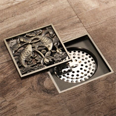 Desagüe de baño de latón de 10x10 cm – Estilo bronce clásico – Tapa extraíble para facilitar la limpieza. (1/4)