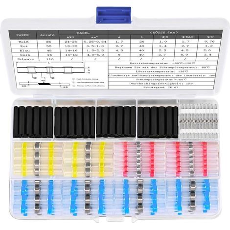 Cosse Thermoretractable Soudure 260pcs, 4 Tailles de Etanche Manchon Thermosoudable Connecteur a Souder und Gaine Thermorétractable Noire, avec un Taux de Retrait de 2:1 (1/5)
