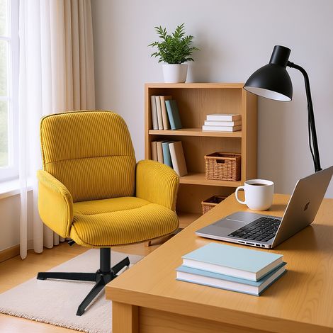 MEUBLES COSY Ergonomischer gelber Cord-Bürostuhl, höhenverstellbar, 360° drehbar.