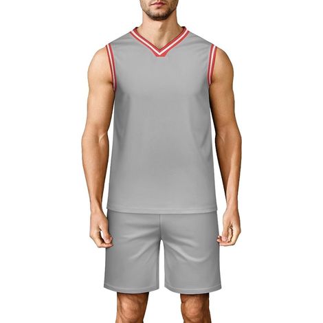 Men's Basketball Set, Adult Basketball Jersey, Sleeveless V-Neck Sports Outfit, Tank Top and Shorts for Fitness, Match, Training, Solid Color Print (1/5)
