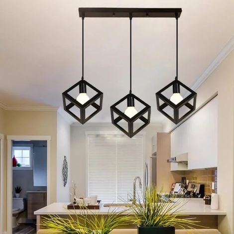 Suspension Cage Carré Cube avez Pôle long 3 Luminaire Lustre abat-jour Carré Contemporain(Ampoule non inclus)Noir (1/4)