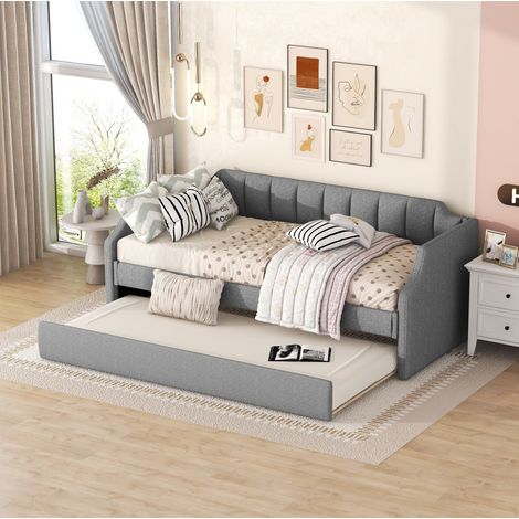 Bett Schlafbett ausziehbar 90x200 Grau Leinen OKMYHOME