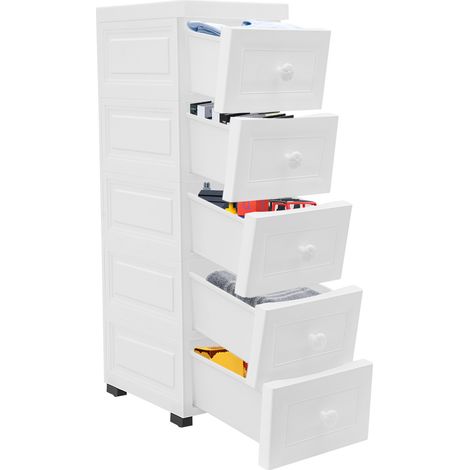 Meuble à roulettes avec 5 tiroirs, en PP, Commode de Rangement, Style Industriel, Facile à Monter, Rustique, Blanc (1/5)
